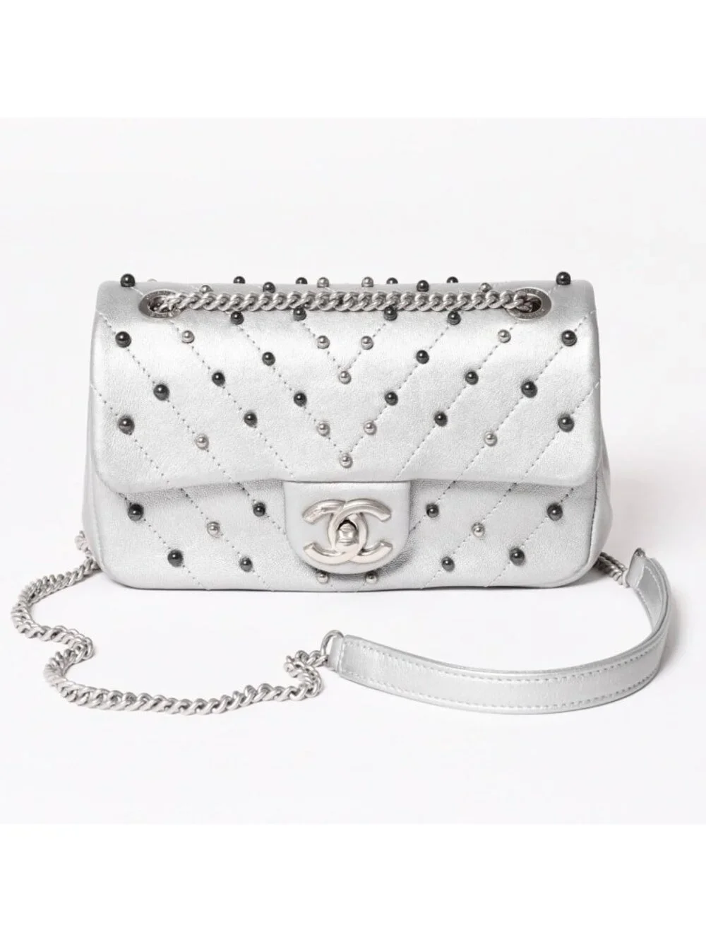 Chanel Chevron Stud Wars Chain Shoulder Bag CC Logo Calfskin Silver